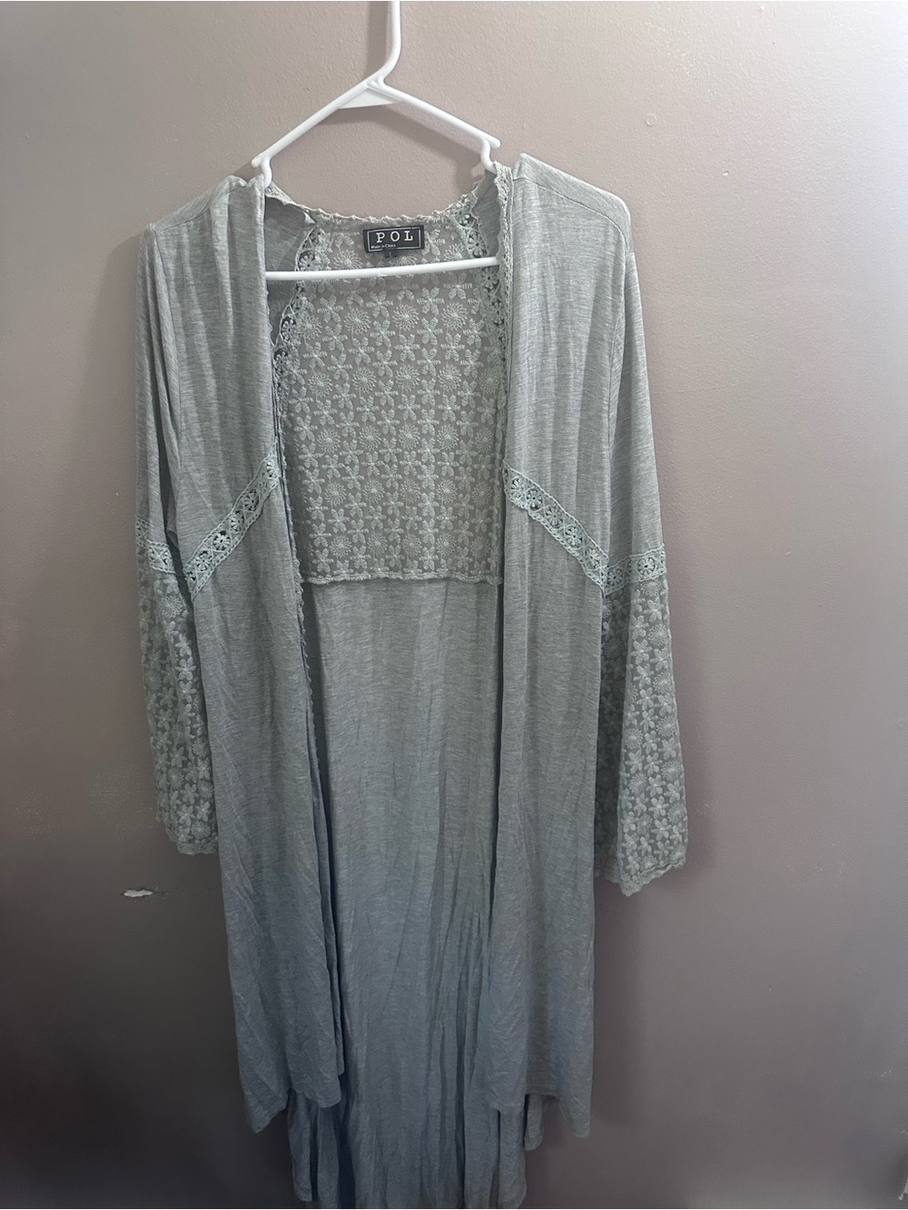 POL Light Gray Lace-Back Long Duster Robe